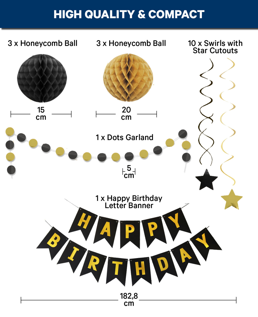 Kit de fête, Joyeux Anniversaire, noir/doré, 18 pièces.
