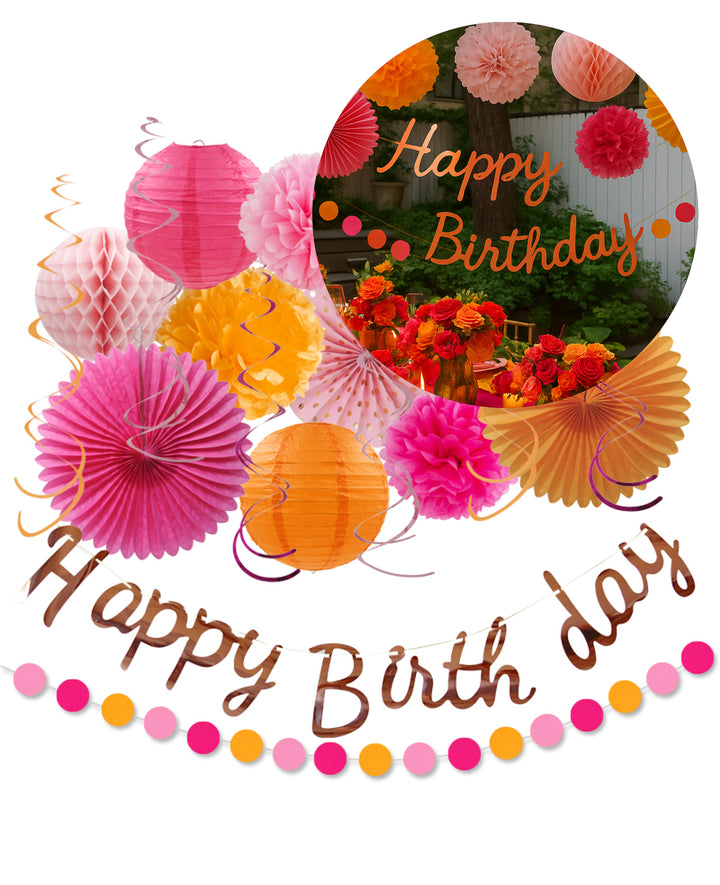 Kit de fête, Happy Birthday, rose/orange, 20 pces