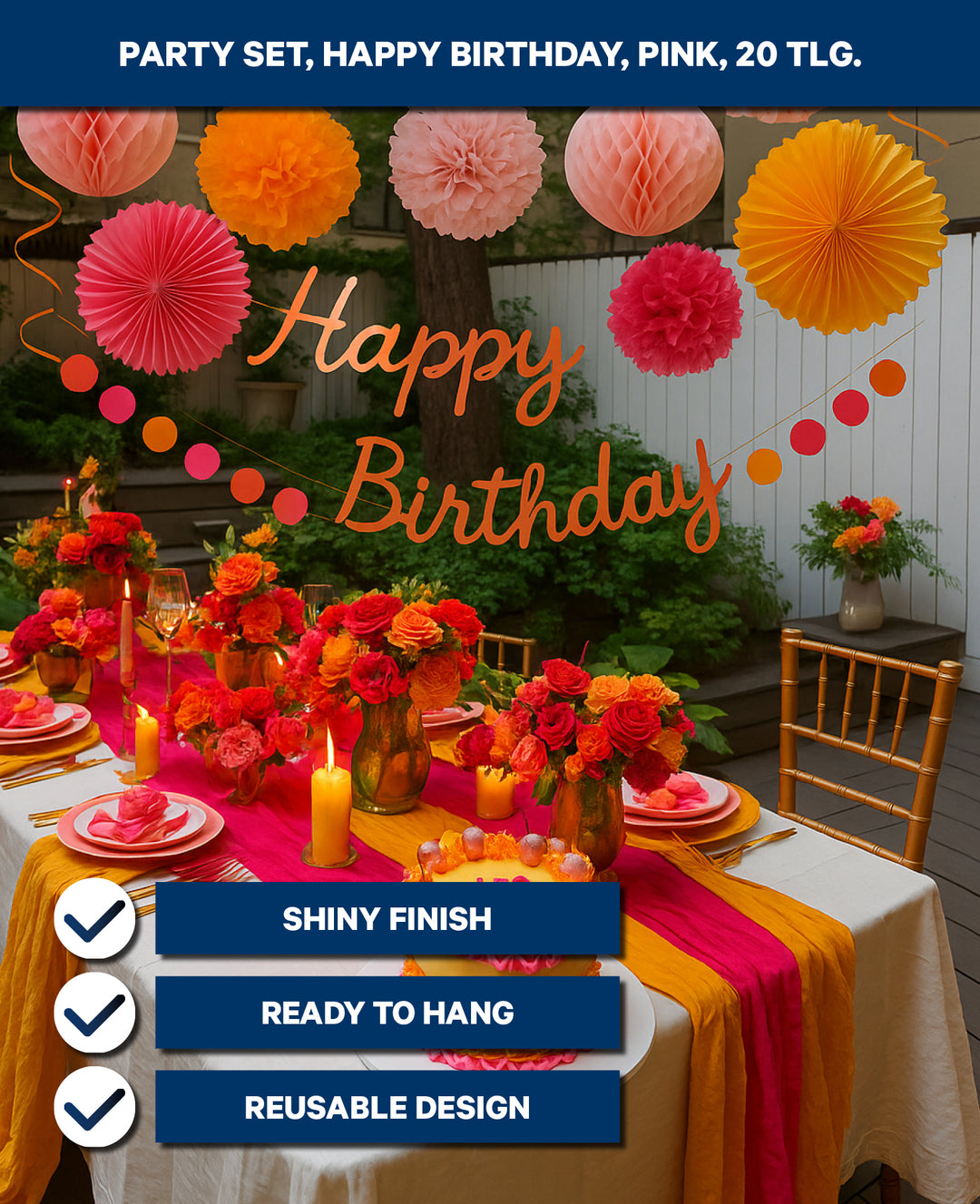 Kit de fête, Happy Birthday, rose/orange, 20 pces