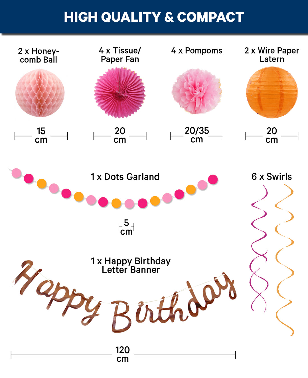Kit de fête, Happy Birthday, rose/orange, 20 pces