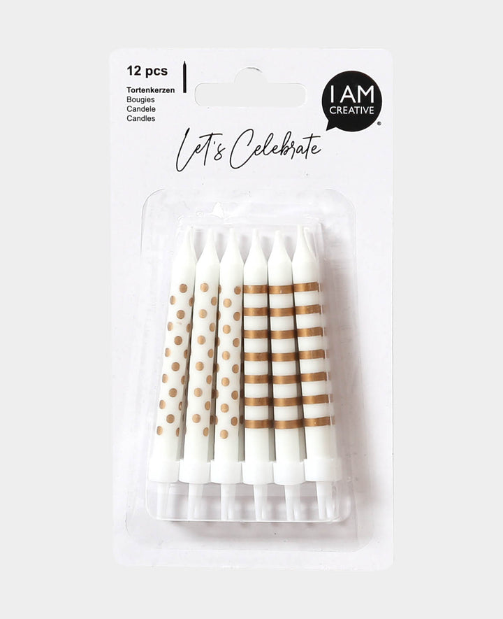Bougies de gâteau blanc/or, 12 pièces