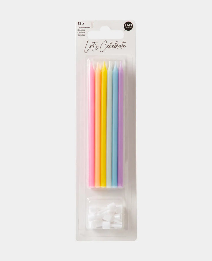 Bougies de gâteau couleurs pastel avec support, décoration de gâteau, ø 5 x 125 mm, 12 pièces