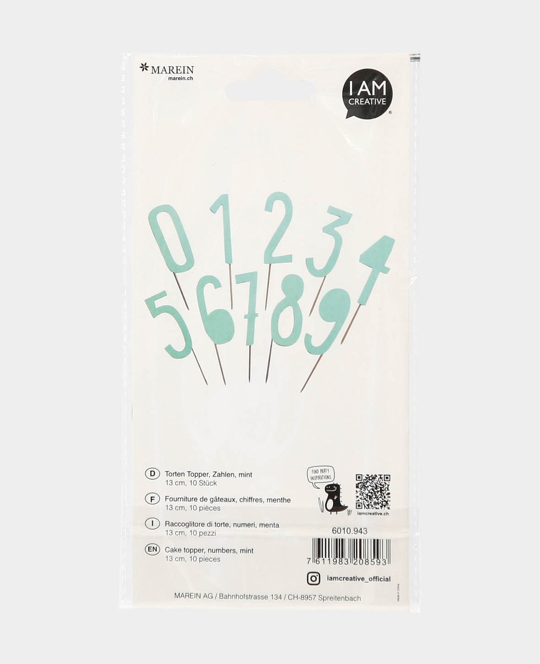 Décoration de gâteau chiffre menthe 13 cm, 10 pièces.