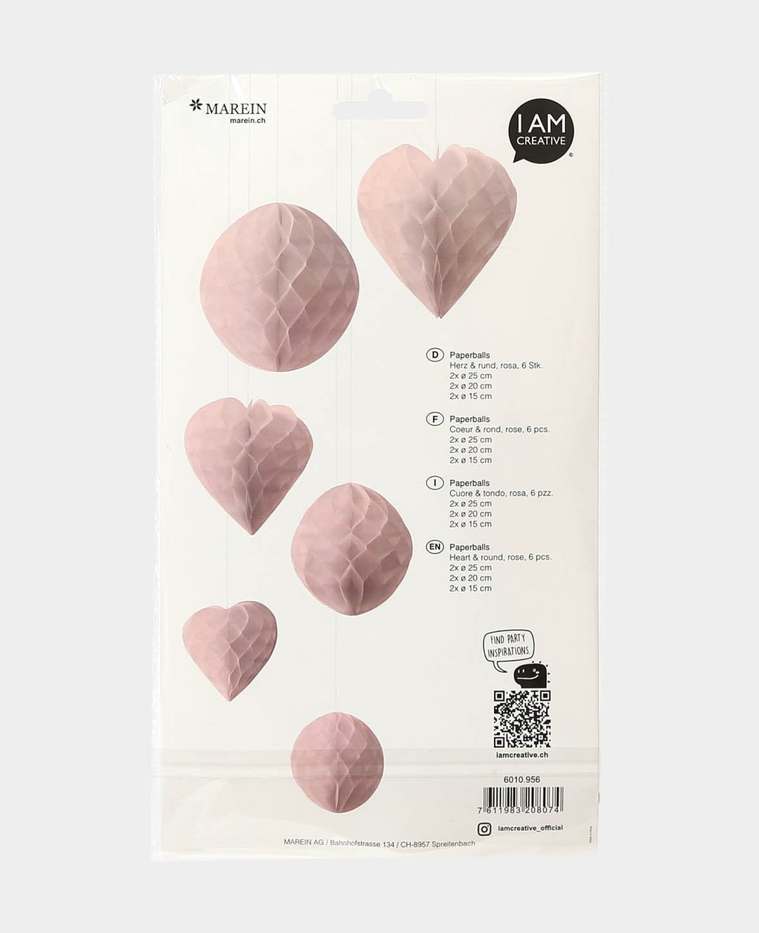 Fêtons les boules alvéolées cœur &amp; rondes en rose, ø 15, 20, 25 cm, 6 pièces