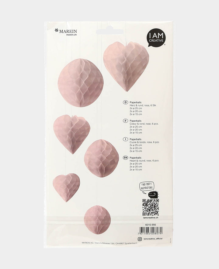 Fêtons les boules alvéolées cœur &amp; rondes en rose, ø 15, 20, 25 cm, 6 pièces