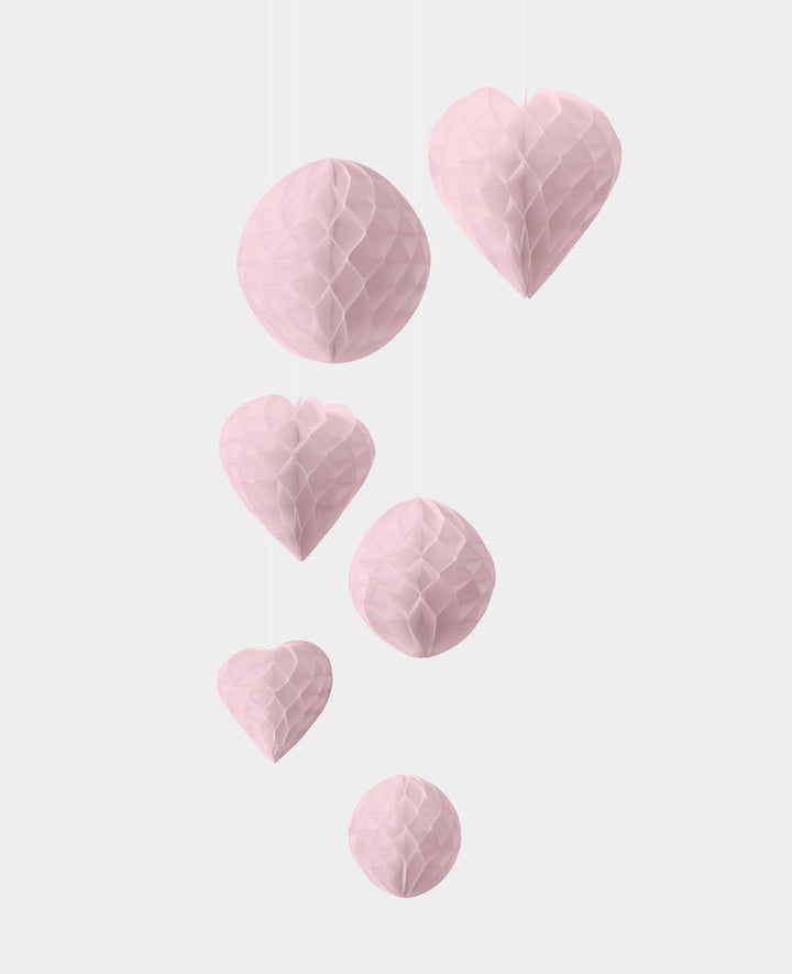 Fêtons les boules alvéolées cœur &amp; rondes en rose, ø 15, 20, 25 cm, 6 pièces