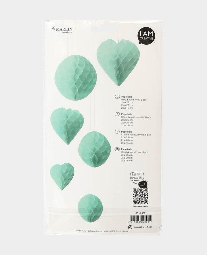 Paperballs cœur et rond menthe, 6 p.