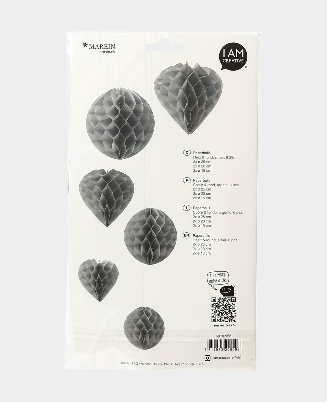 Paperballs Heart &amp; Round silver, 6 pcs.