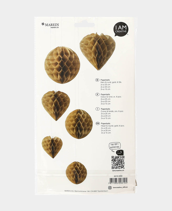 Paperballs Herz &amp; rund gold, 6 Stk.