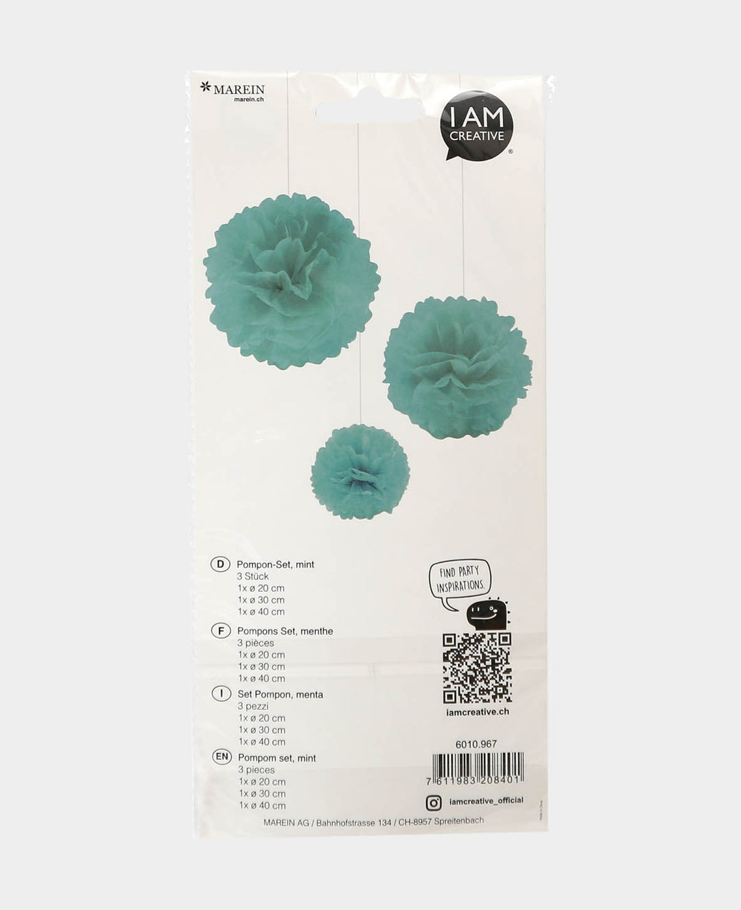 Let’s Celebrate Pompon Set aus Seidenpapier inkl. Schnur, Mint, ø 20 bis 40 cm, 3 Stück