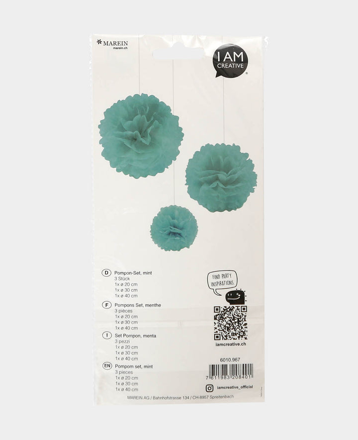Let’s Celebrate Pompon Set aus Seidenpapier inkl. Schnur, Mint, ø 20 bis 40 cm, 3 Stück