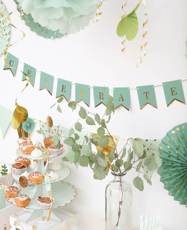 Mini pennant garland Celebrate mint, 2 m