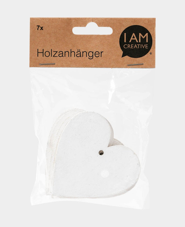 Wooden charm, heart, white, 7 pcs.