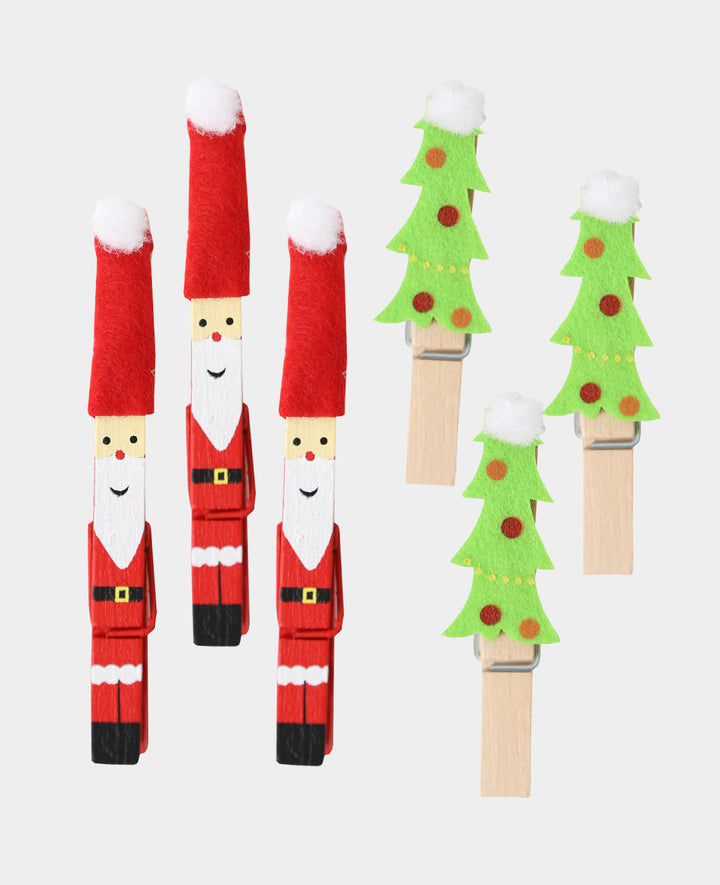 Wooden Peg Santa &amp; Fir Tree, 6 pcs.