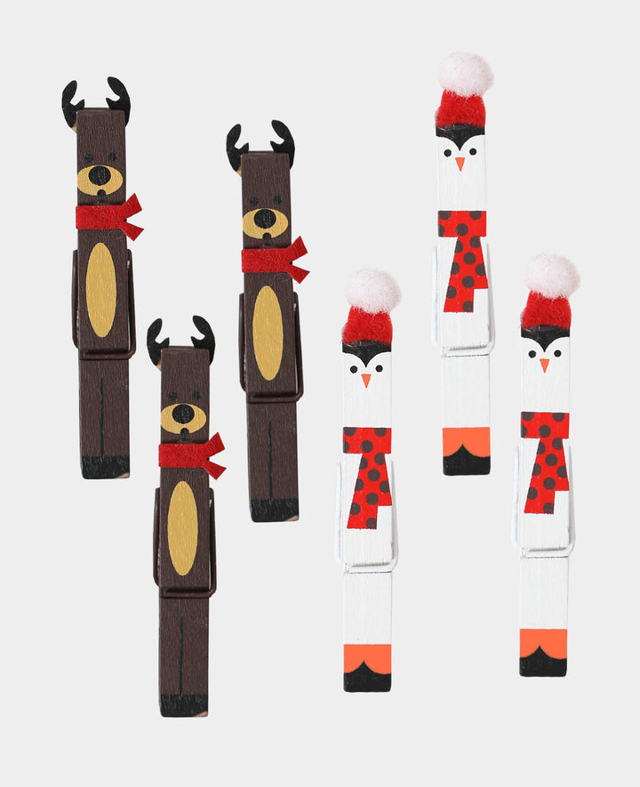 Penguin &amp; Reindeer Wooden Pegs, 6 pcs.