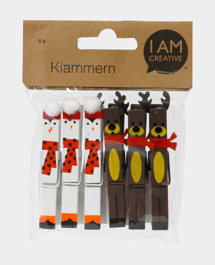 Penguin &amp; Reindeer Wooden Pegs, 6 pcs.
