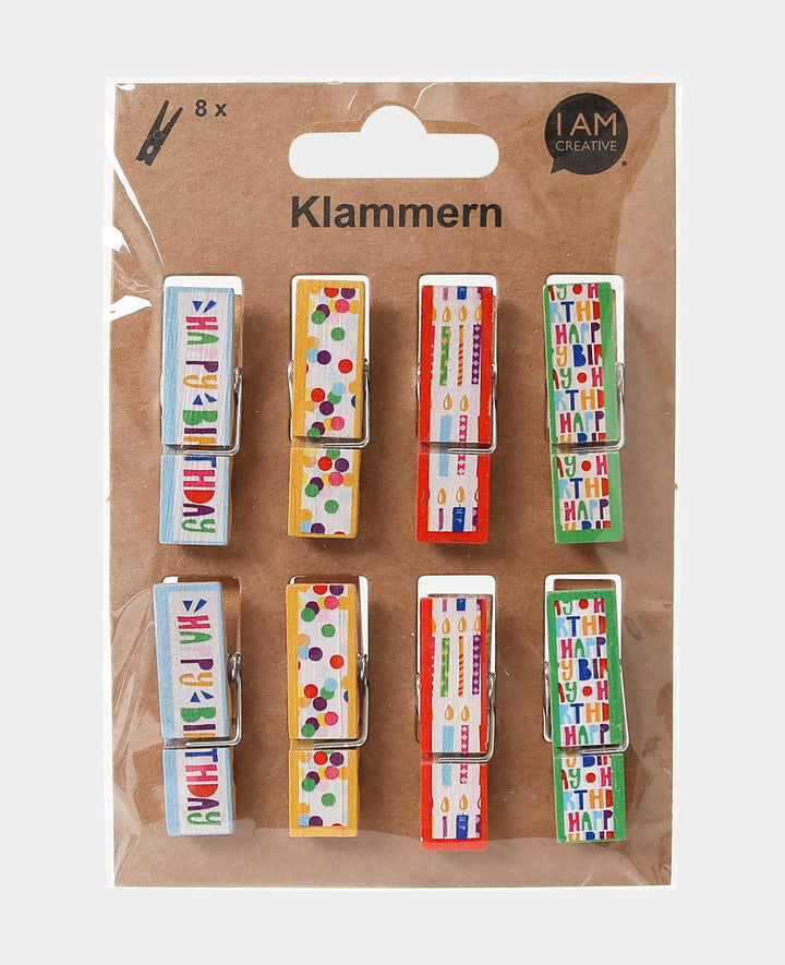 Clip Set, Wooden Clips in Bright Bold Colors with Happy Birthday Print, Schima Superba Wood, FSC-Certified, Multicolor, 12 x 45 mm, 19 pcs.