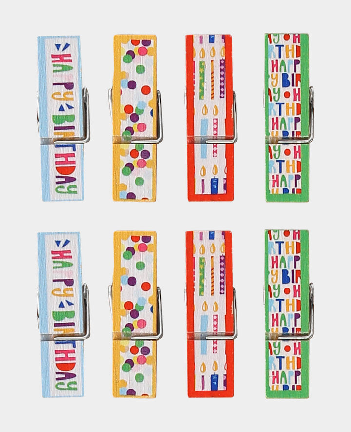 Clip Set, Wooden Clips in Bright Bold Colors with Happy Birthday Print, Schima Superba Wood, FSC-Certified, Multicolor, 12 x 45 mm, 19 pcs.