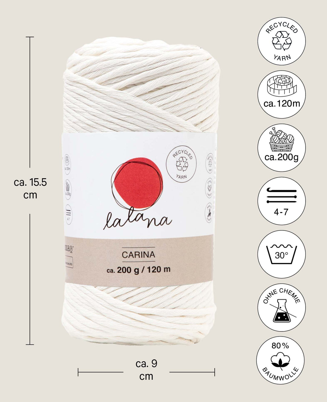 Fil Carina cream, Laine Lalana pour projets de crochet, tricot, tissage et macramé, Crème, 3 mm x environ 120 m, environ 200 g
