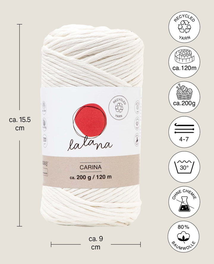 Fil Carina cream, Laine Lalana pour projets de crochet, tricot, tissage et macramé, Crème, 3 mm x environ 120 m, environ 200 g