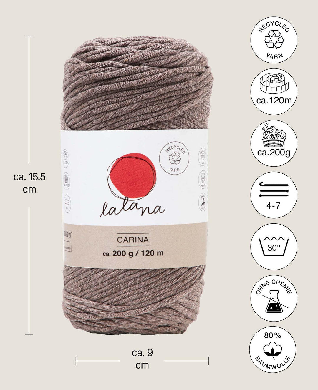Carina coffee, Lalana Garn für Häkeln, Stricken, Weben &amp; Makramee Projekte, Braun, 3 mm x ca. 120 m, ca. 200 g