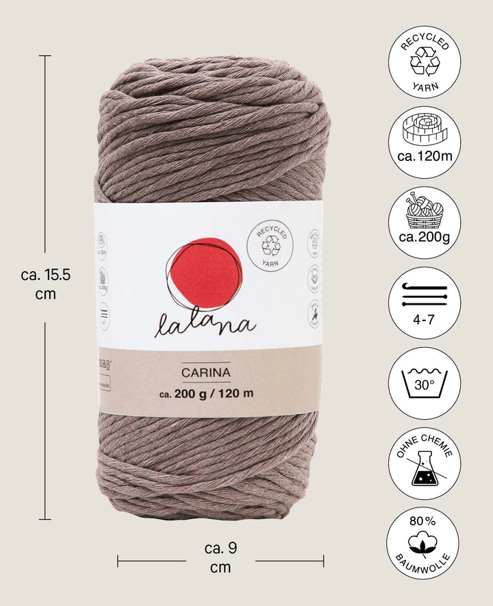 Carina coffee, Lalana Garn für Häkeln, Stricken, Weben &amp; Makramee Projekte, Braun, 3 mm x ca. 120 m, ca. 200 g