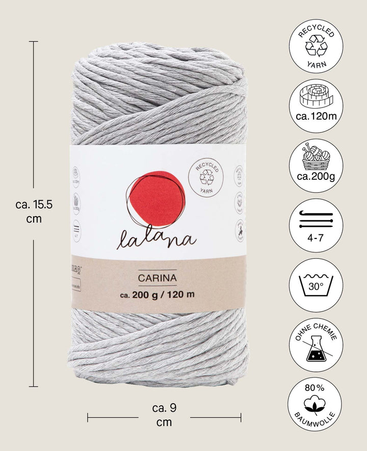 Carina light gray, Lalana Yarn for Crochet, Knitting, Weaving &amp; Macrame Projects, Light Gray, 3 mm x approx. 120 m, approx. 200 g