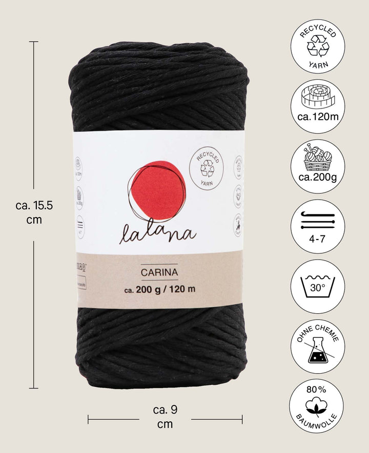 Carina black, Lalana yarn for crochet, knitting, weaving &amp; macrame projects, black, 3 mm x approx. 120 m, approx. 200 g