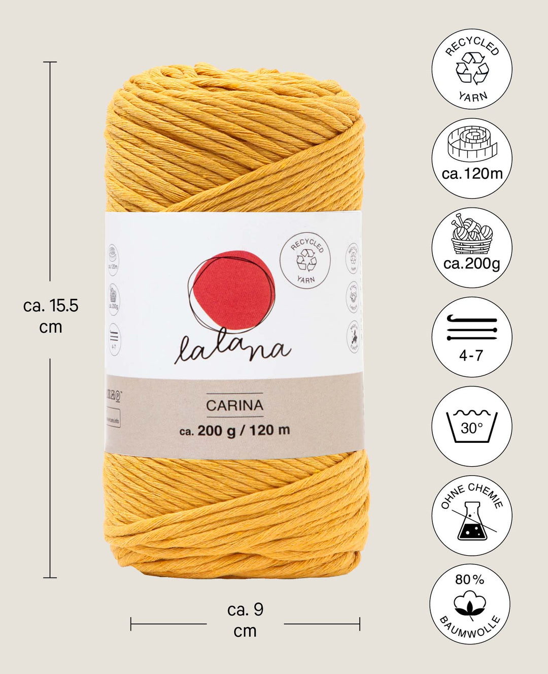 Carina Mustard, Yarn for Crochet, Knitting, Weaving &amp; Macrame Projects, Mustard Yellow, 3 mm x approx. 120 m, approx. 200 g
