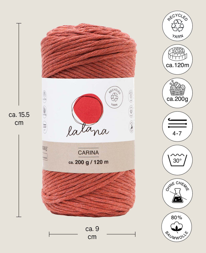 Carina rusty, Lalana Garn for Crochet, Knitting, Weaving &amp; Macrame Projects, Rust Red, 3 mm x approx. 120 m, approx. 200 g