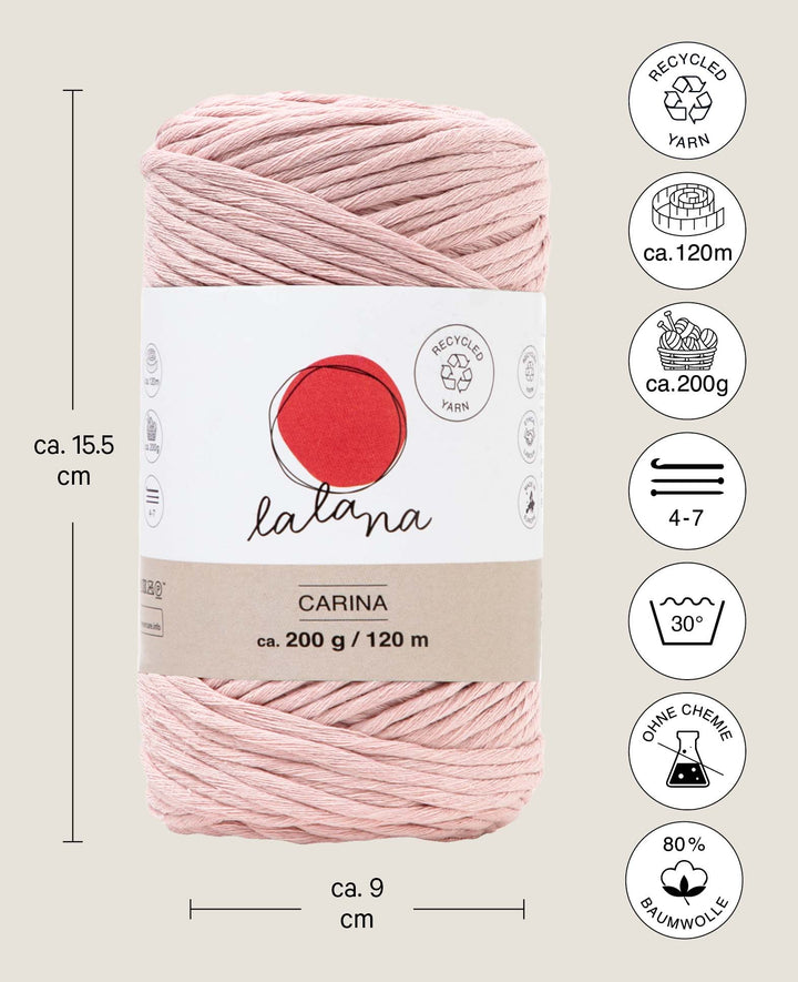 Fil Carina poudre, Lalana pour projets de crochet, tricot, tissage et macramé, rose, 3 mm x env. 120 m, env. 200 g
