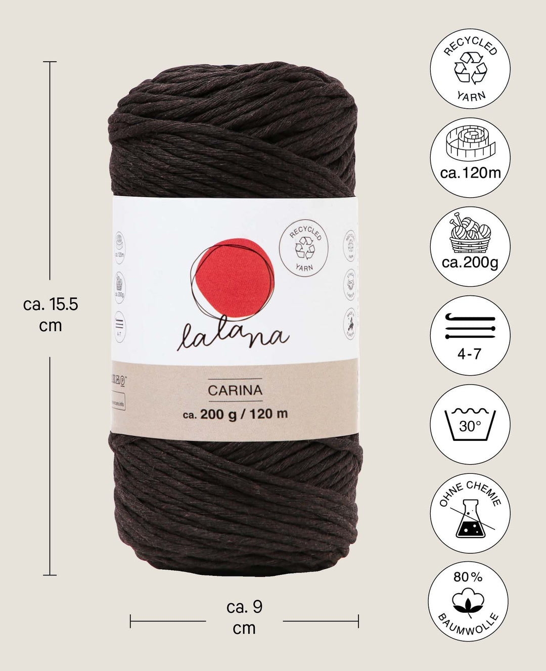 Carina brown, Lalana Garn für Häkeln, Stricken, Weben &amp; Makramee Projekte, Braun, 3 mm x ca. 120 m, ca. 200 g