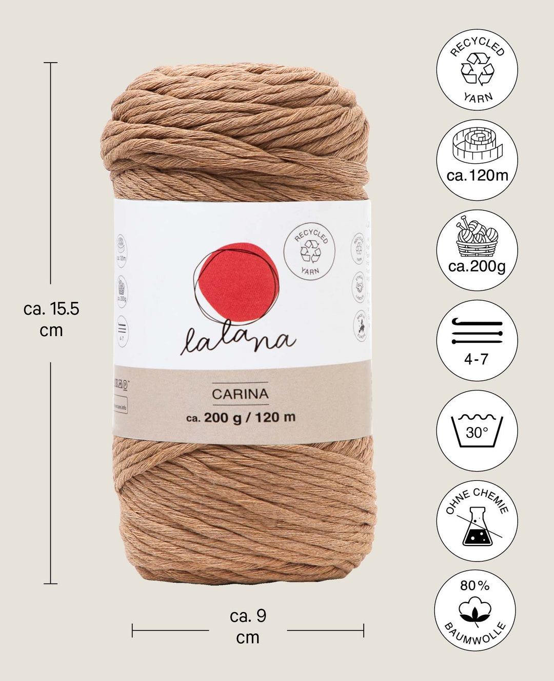 Carina camel, Lalana Garn für Häkeln, Stricken, Weben &amp; Makramee Projekte, Hellbraun, 3 mm x ca. 120 m, ca. 200 g