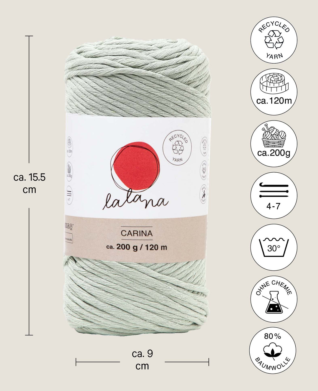 Carina Little Green, Lalana Yarn for Crochet, Knitting, Weaving &amp; Macrame Projects, Grey-Green, 3 mm x approx. 120 m, approx. 200 g