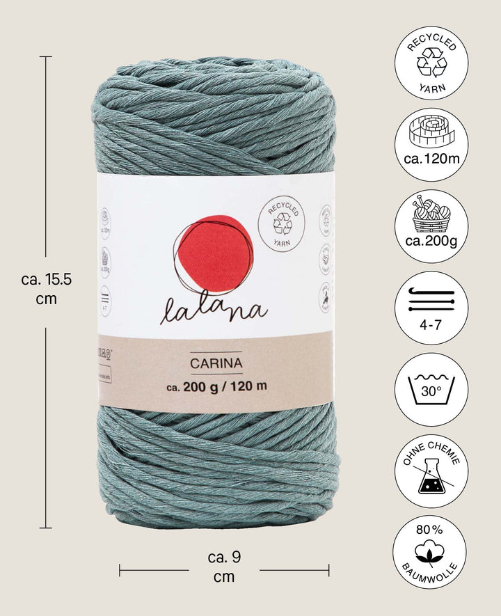 Carina salvia, Lalana Yarn for Crochet, Knitting, Weaving &amp; Macrame Projects, Grey-Blue, 3 mm x approx. 120 m, approx. 200 g