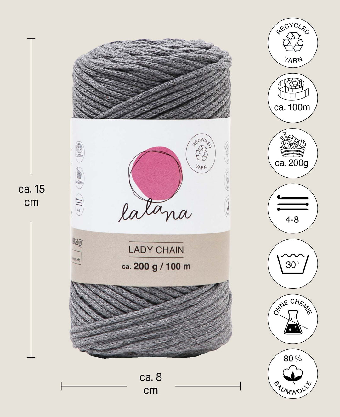 Lady Chain dark grey, Lalana chain yarn for crochet, knitting, knotting &amp; macrame projects, dark grey, approx. 2 mm x 100 m, approx. 200 g