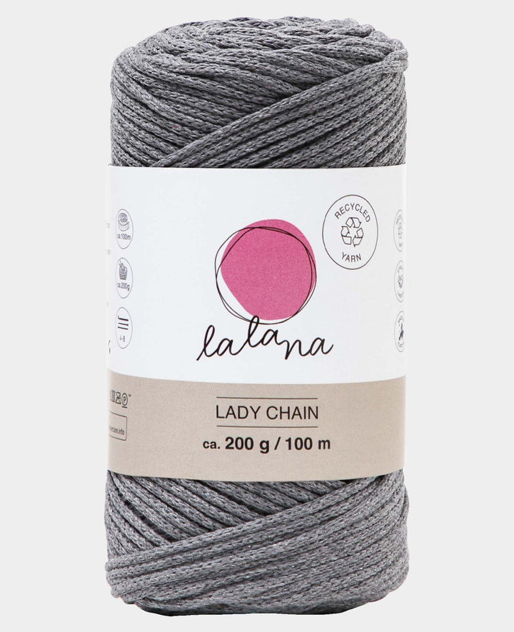 Lady Chain dark grey, Lalana chain yarn for crochet, knitting, knotting &amp; macrame projects, dark grey, approx. 2 mm x 100 m, approx. 200 g