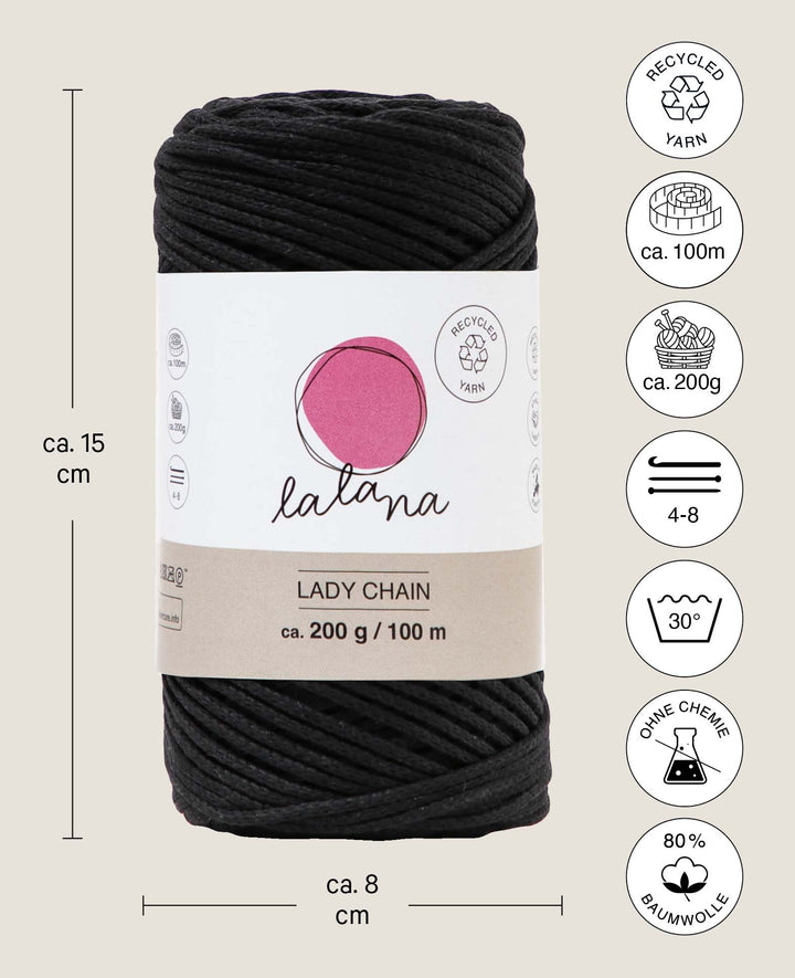 Lady Chain black, Lalana chain yarn for crochet, knitting, knotting &amp; macrame projects, black, approx. 2 mm x 100 m, approx. 200 g