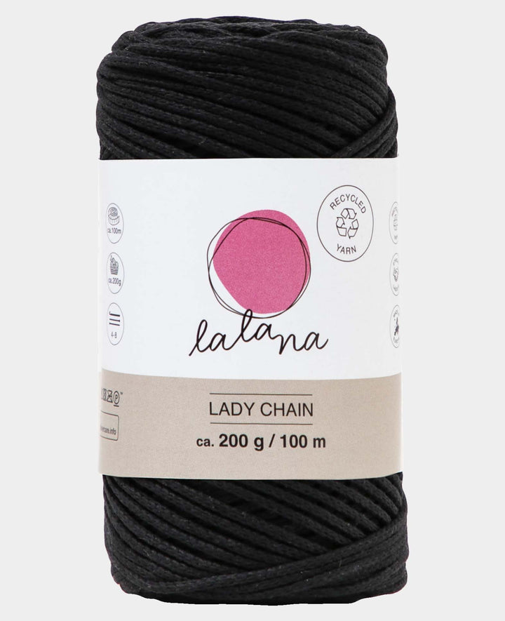 Lady Chain black, Lalana chain yarn for crochet, knitting, knotting &amp; macrame projects, black, approx. 2 mm x 100 m, approx. 200 g