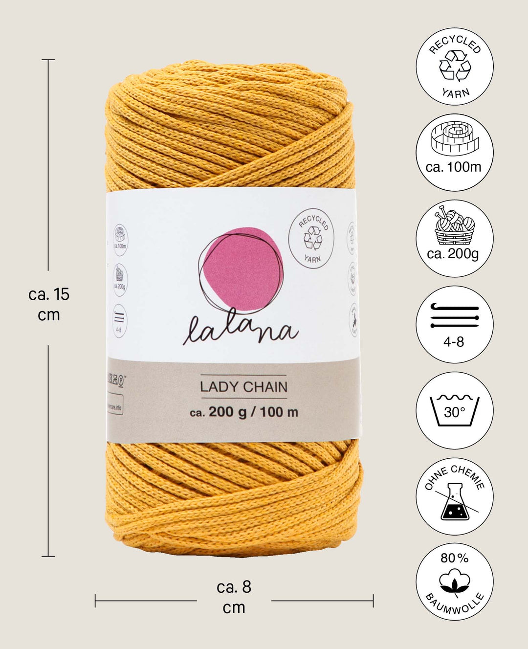 Lady Chain moutarde, fil chaîne Lalana pour le crochet, le tricot, le nouage et les projets de macramé, jaune moutarde, environ 2 mm x 100 m, environ 200 g