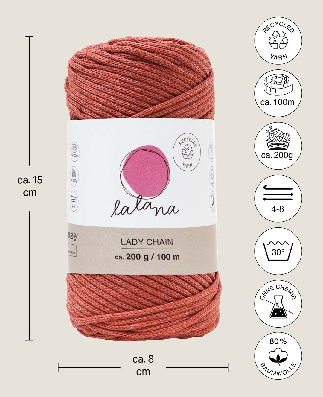 Lady Chain rusty, Lana Chain Yarn for Crochet, Knitting, Knotting &amp; Macrame Projects, Rust Red, approx. 2 mm x 100 m, approx. 200 g