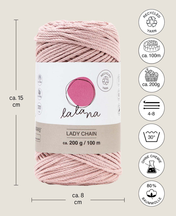 Lady Chain powder, chainette yarn for crochet, knitting, knotting &amp; macramé projects, pink, approx. 2 mm x 100 m, approx. 200 g
