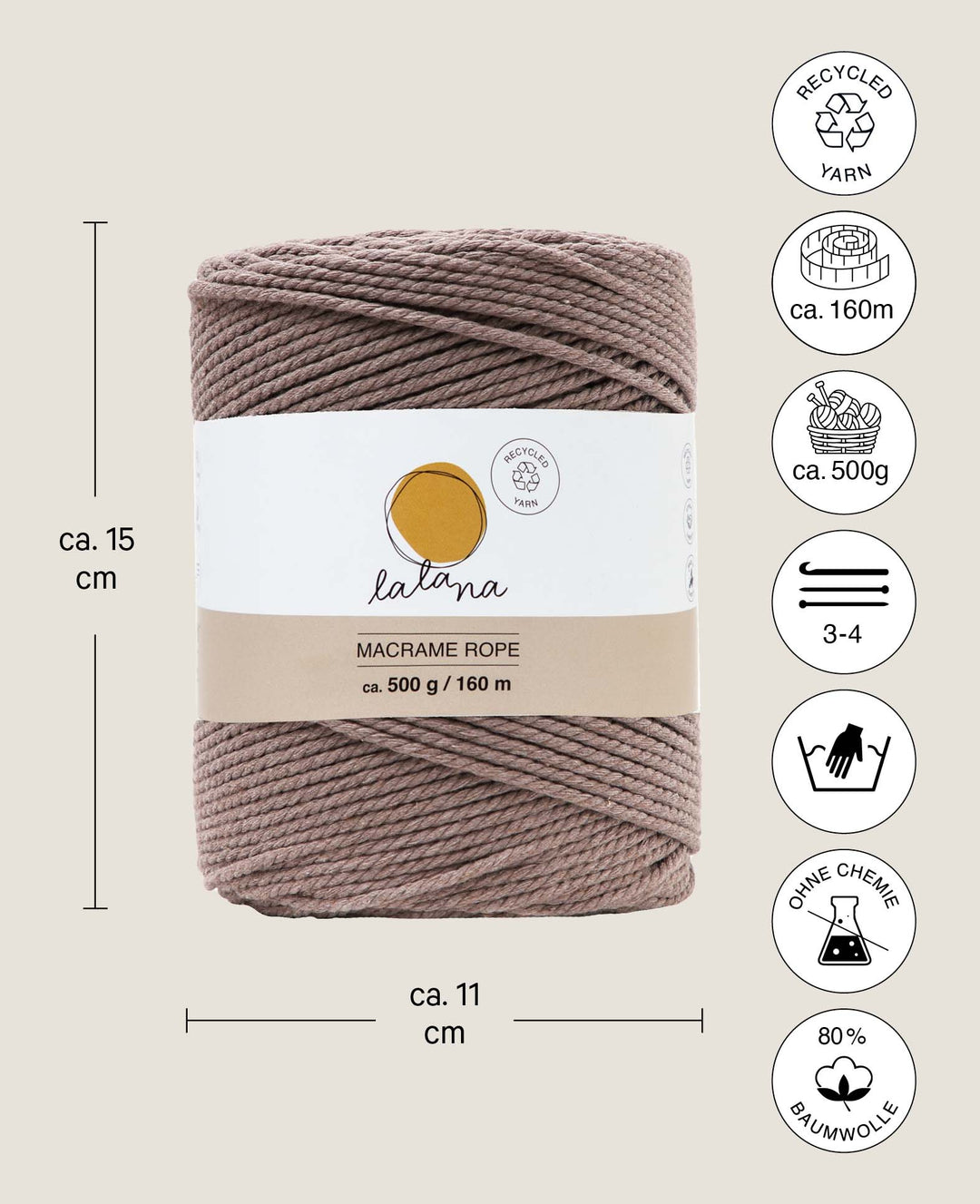 Macrame Rope coffee, Lalana Macrame Yarn for Macrame Projects, Brown, 2 mm x approx. 160 m, approx. 500 g