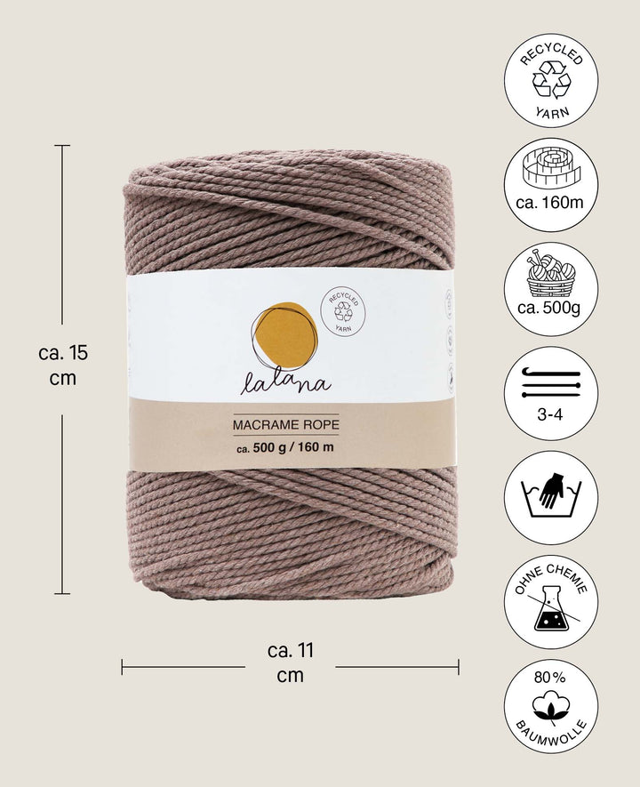 Macrame Rope coffee, Lalana Macrame Yarn for Macrame Projects, Brown, 2 mm x approx. 160 m, approx. 500 g