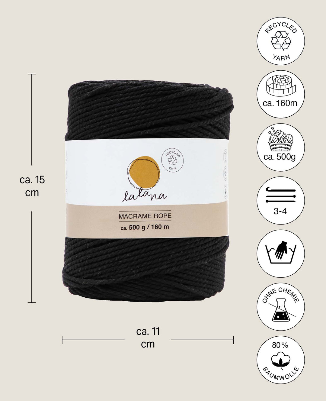 Macrame Rope black, Lalana Macrame Yarn for Macrame Projects, Black, 2 mm x approx. 160 m, approx. 500 g