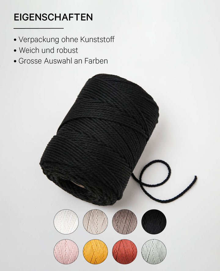 Macrame Rope black, Lalana Macrame Yarn for Macrame Projects, Black, 2 mm x approx. 160 m, approx. 500 g