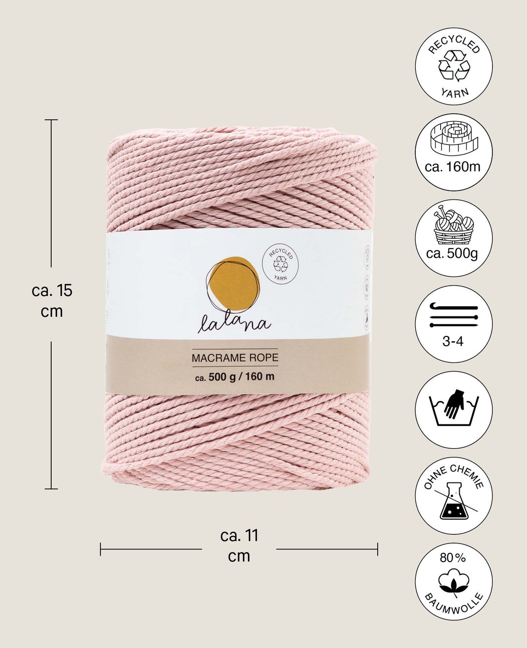 Macrame Rope Powder, Lalana Macrame Yarn for Macrame Projects, Pink, 2 mm x approx. 160 m, approx. 500 g