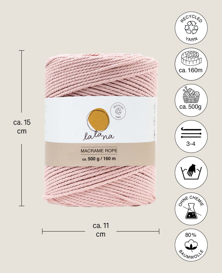 Macrame Rope Powder, Lalana Macrame Yarn for Macrame Projects, Pink, 2 mm x approx. 160 m, approx. 500 g