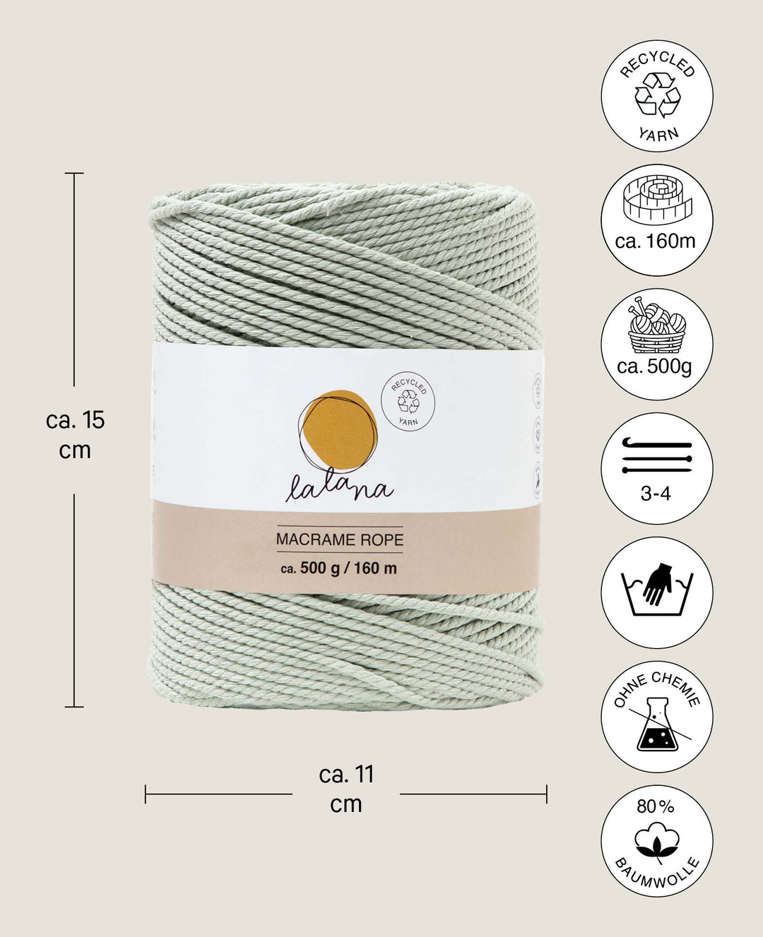 Corde macramé petite verte, fil Lalana pour projets macramé, vert gris, 2 mm x environ 160 m, environ 500 g