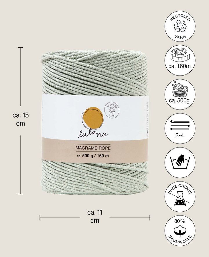 Corde macramé petite verte, fil Lalana pour projets macramé, vert gris, 2 mm x environ 160 m, environ 500 g
